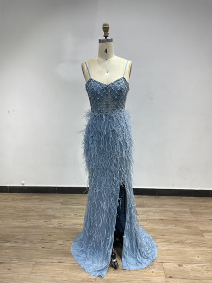 Strapless Beading Feather Split Evening Dress DKD027