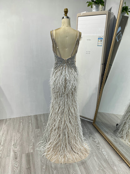 Strap High Split Beading Couture Feather Dress DKN0430