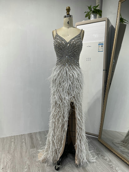 Strap High Split Beading Couture Feather Dress DKN0430