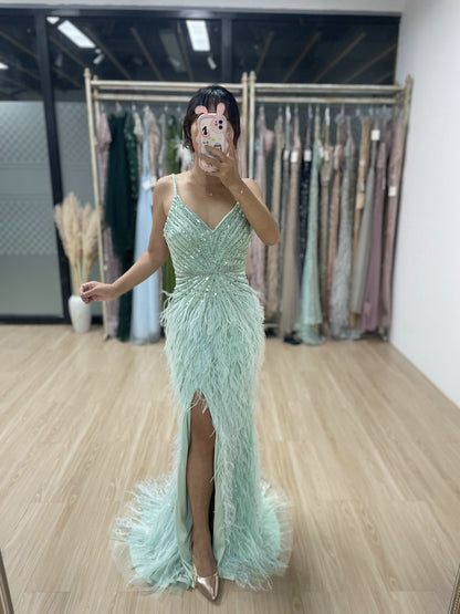 Strap High Split Beading Couture Feather Dress DKN0430