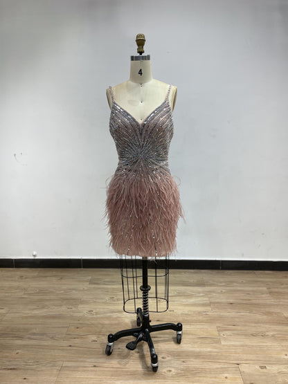 Straps Haute Couture Beading Feather Short Party Dress DKN0430S