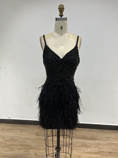 Straps Haute Couture Beading Feather Short Party Dress DKN0430S