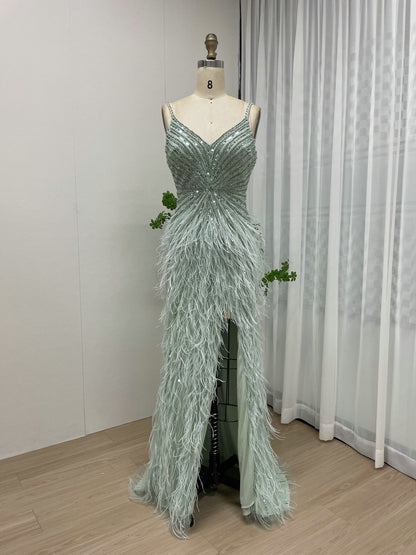 Strap High Split Beading Couture Feather Dress DKN0430