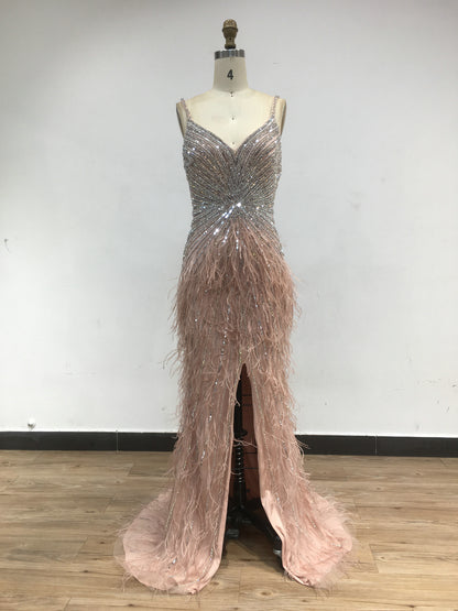 Strap High Split Beading Couture Feather Dress DKN0430