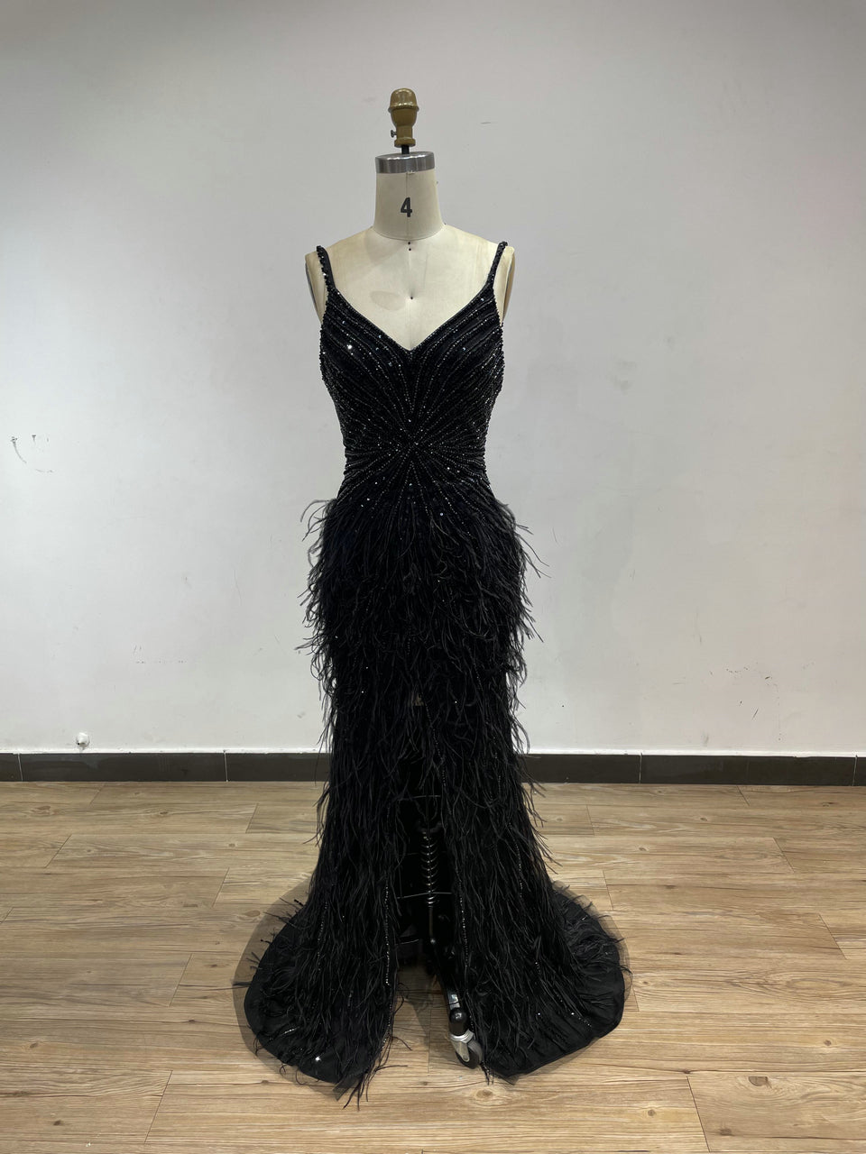 Strap High Split Beading Couture Feather Dress DKN0430