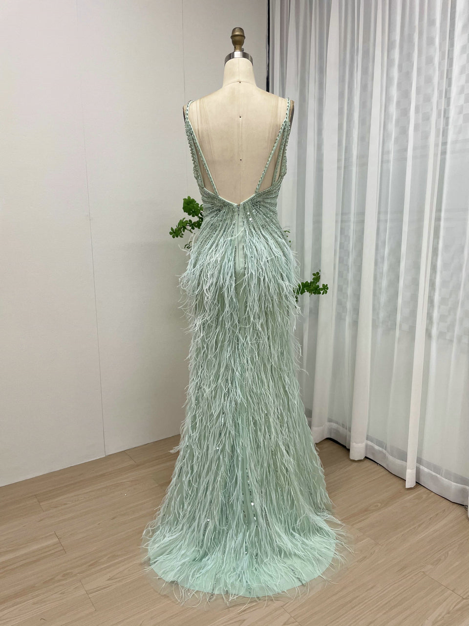 Strap High Split Beading Couture Feather Dress DKN0430