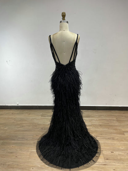 Strap High Split Beading Couture Feather Dress DKN0430