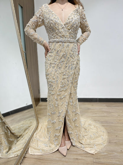 Elegant Beading Couture V Neck Long Sleeve Evening Dress DKW21338