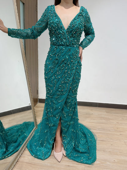 Elegant Beading Couture V Neck Long Sleeve Evening Dress DKW21338