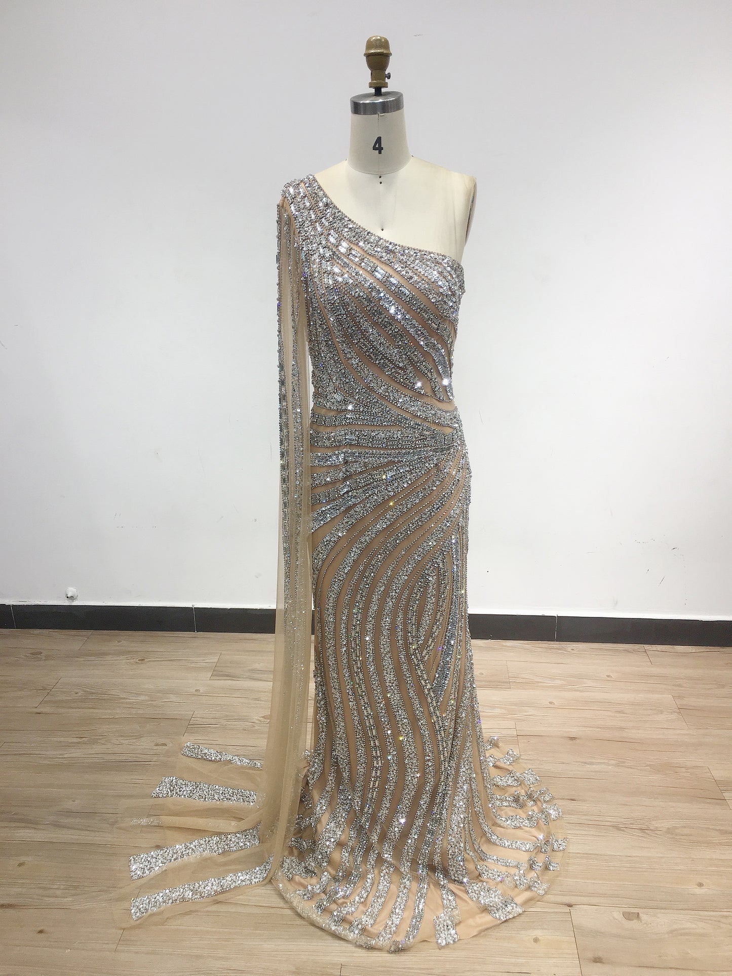 One Shoulder Beading Couture Flowing Sleeve Evening Dress DSA16139