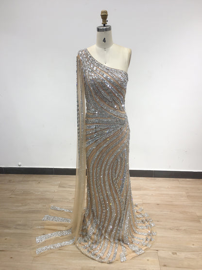 One Shoulder Beading Couture Flowing Sleeve Evening Dress DSA16139