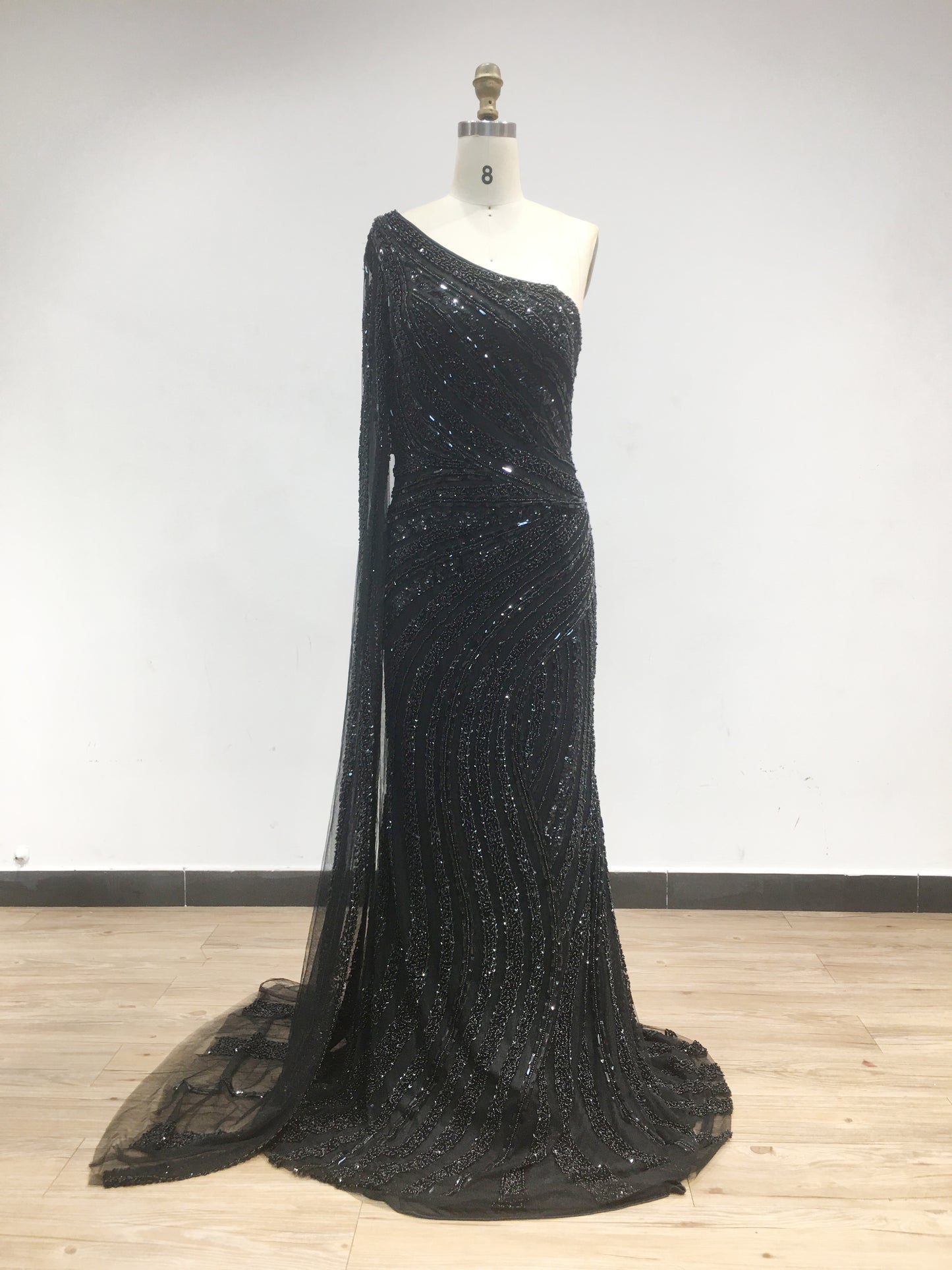 One Shoulder Beading Couture Flowing Sleeve Evening Dress DSA16139