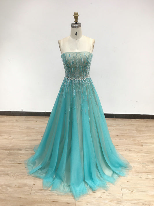 Beautiful Strapless Beaded Aqua Blue A Line Tulle Prom Dress DSH15077