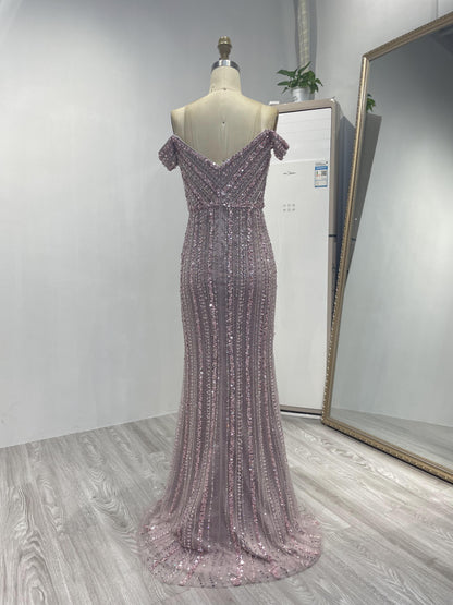 Off Shoulder Couture Beading High Split Evening Dress DSL62482-2