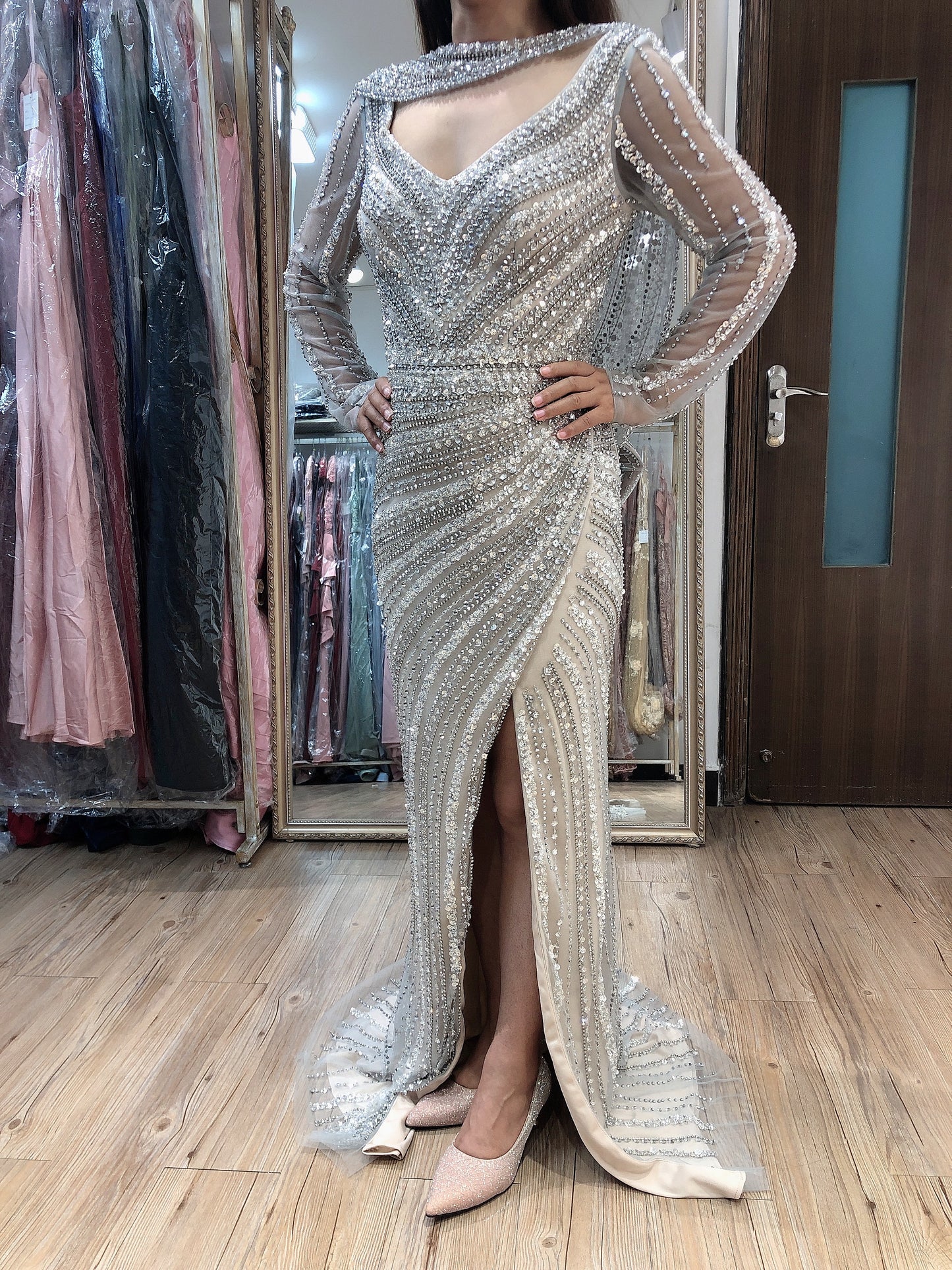 Luxury Couture Handmade Beading Long Sleeve Evening Dress DSL62482L