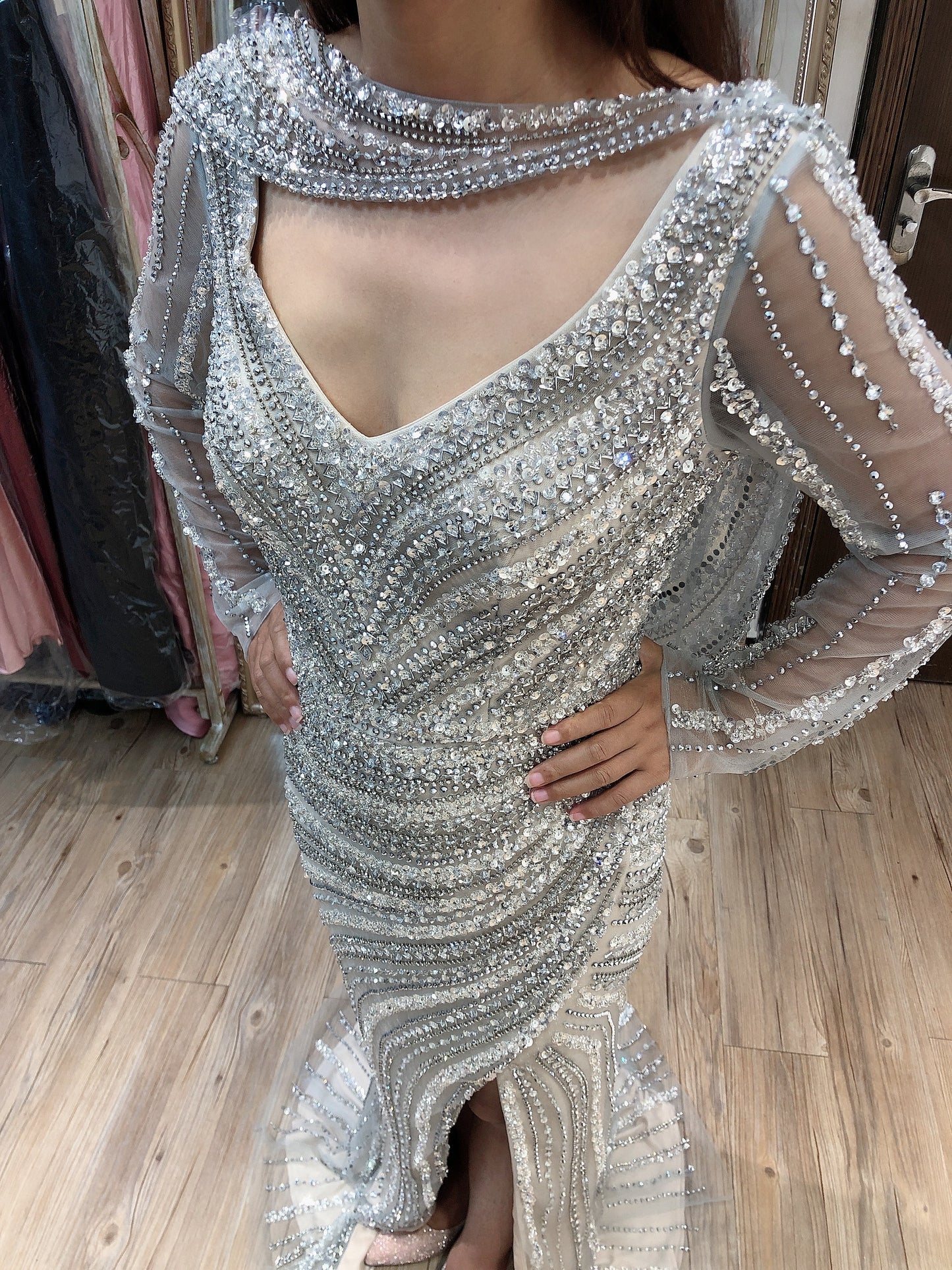 Luxury Couture Handmade Beading Long Sleeve Evening Dress DSL62482L