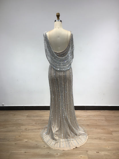 Luxury Open Back High Split Handmade Beading Evening Dress DSL62482