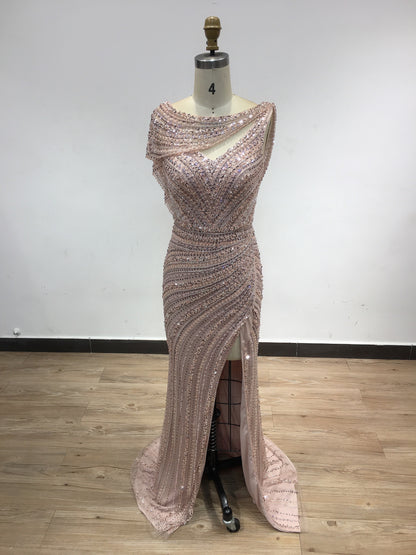 Luxury Open Back High Split Handmade Beading Evening Dress DSL62482