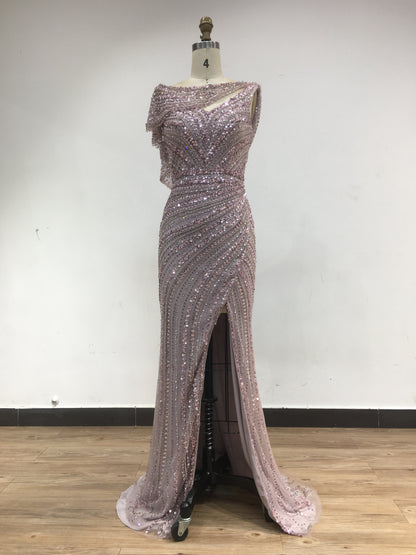 Luxury Open Back High Split Handmade Beading Evening Dress DSL62482