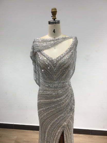 Luxury Open Back High Split Handmade Beading Evening Dress DSL62482