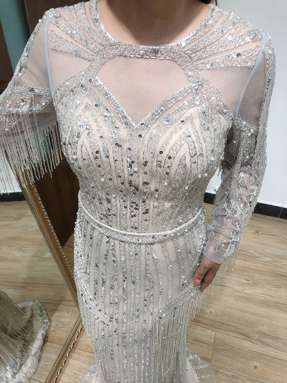 Luxury Couture Beading Tassel Long Sleeve Evening Dress DTX037