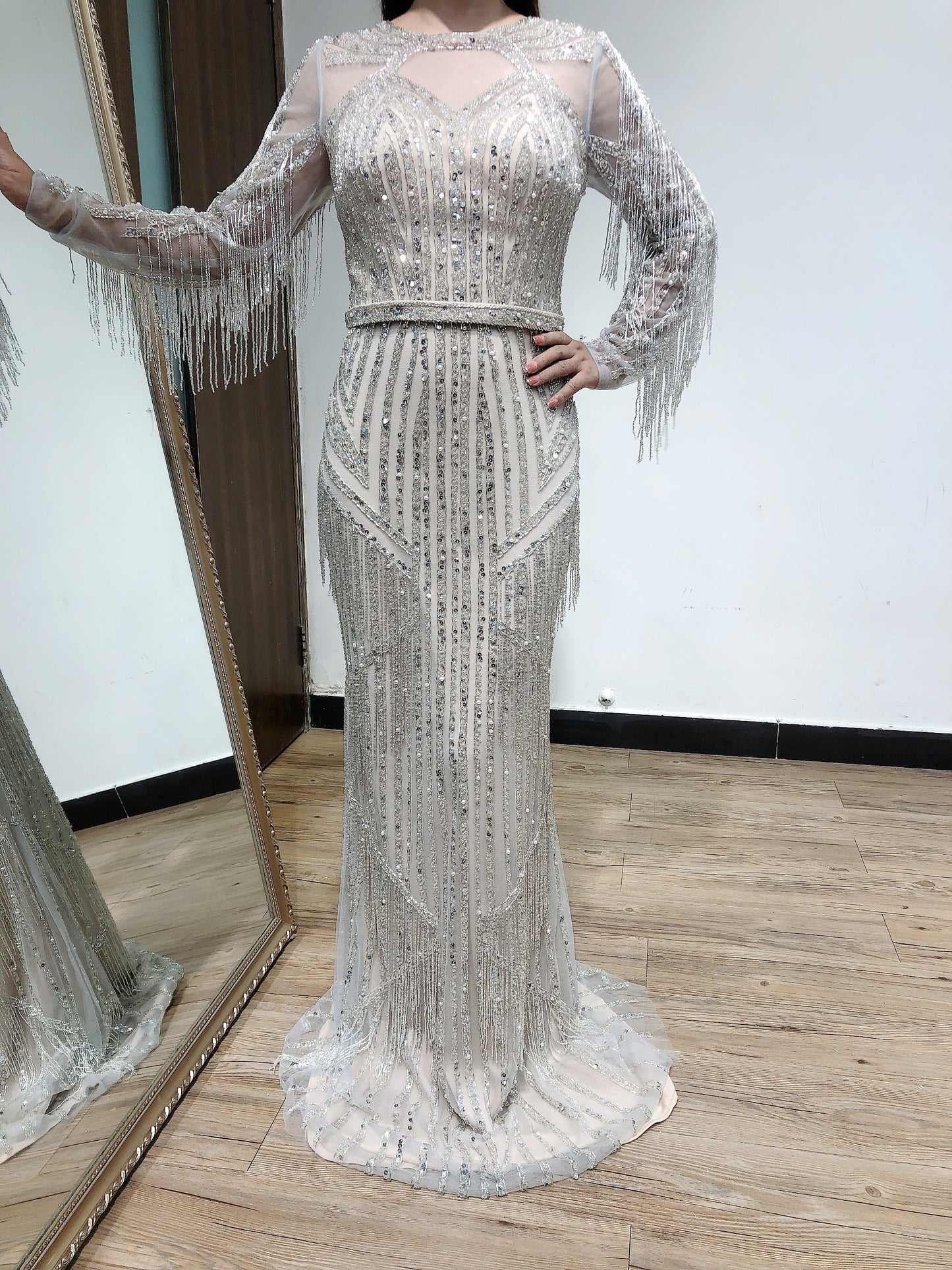 Luxury Couture Beading Tassel Long Sleeve Evening Dress DTX037