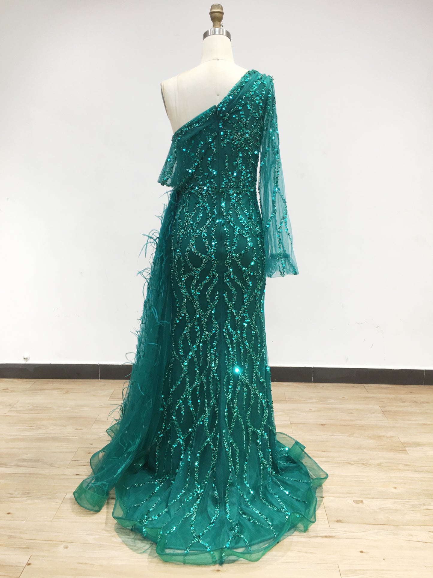 One Shoulder Beading Couture Feather Skirt Long Sleeve Dress DXM003C