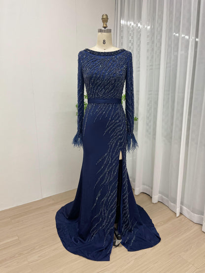 Luxury Long Sleeve Beading Feather Sleeve Evening Dress DXM008B