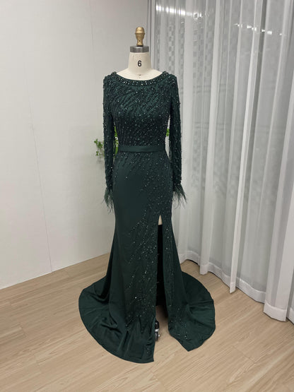 Luxury Long Sleeve Beading Feather Sleeve Evening Dress DXM008B