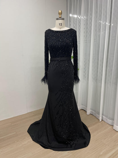 Luxury Long Sleeve Beading Feather Sleeve Evening Dress DXM008B