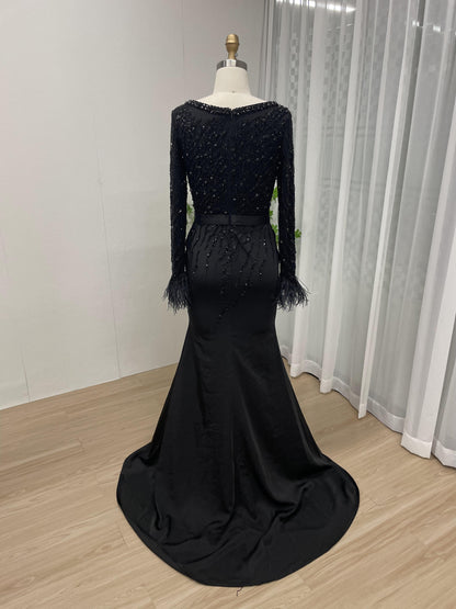 Luxury Long Sleeve Beading Feather Sleeve Evening Dress DXM008B