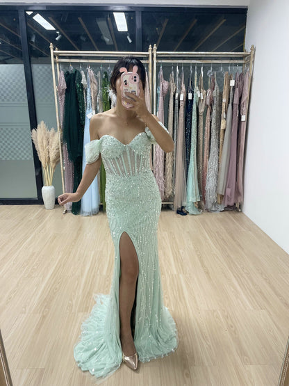 Off Shoulder Couture Beading High Split Evening Dress GJE004-3