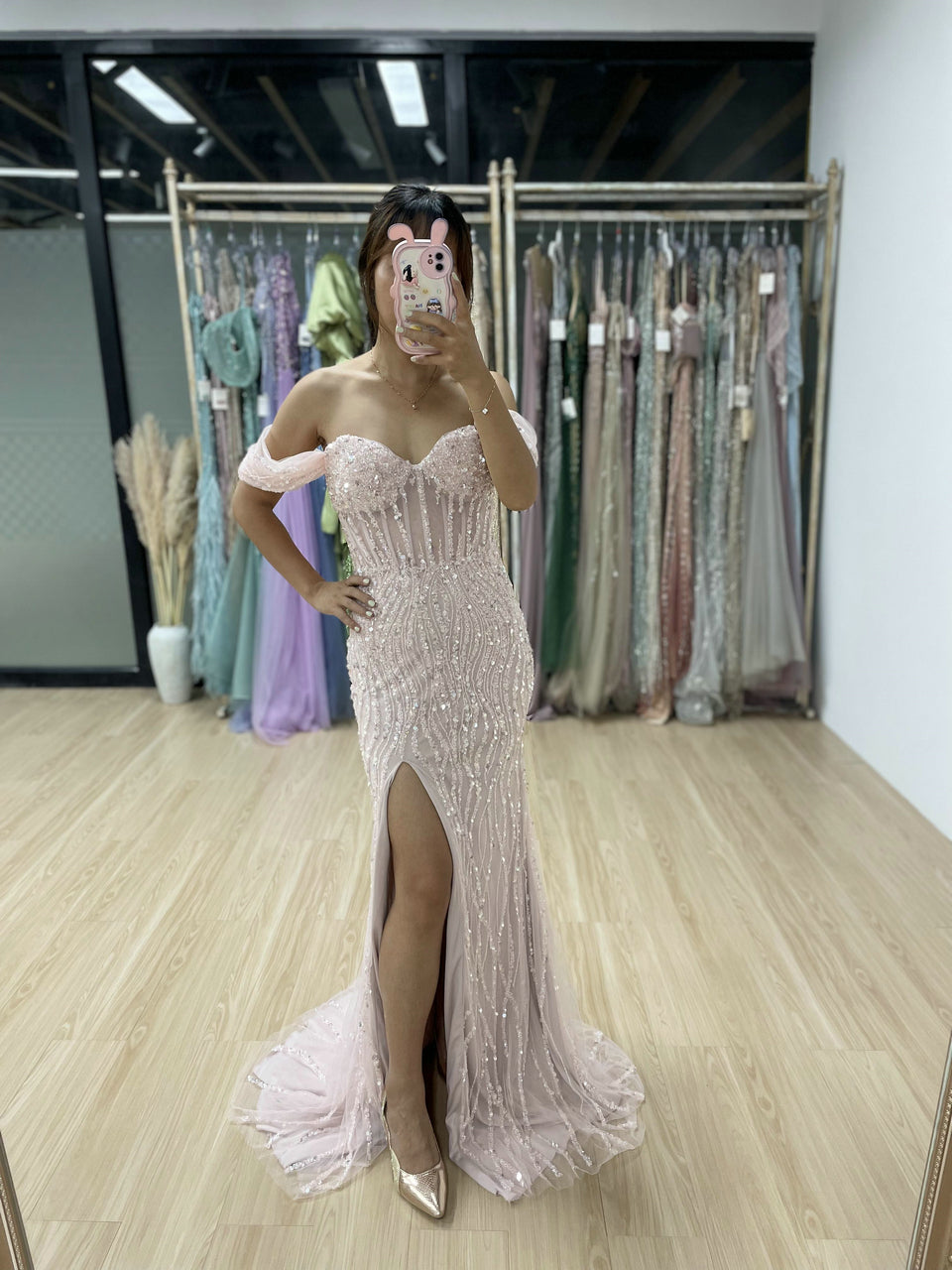 Off Shoulder Couture Beading High Split Evening Dress GJE004-3