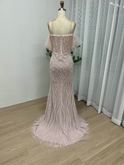 Off Shoulder Couture Beading High Split Evening Dress GJE004-3