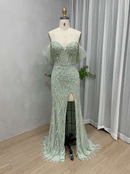 Off Shoulder Couture Beading High Split Evening Dress GJE004-3