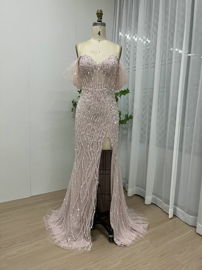 Off Shoulder Couture Beading High Split Evening Dress GJE004-3