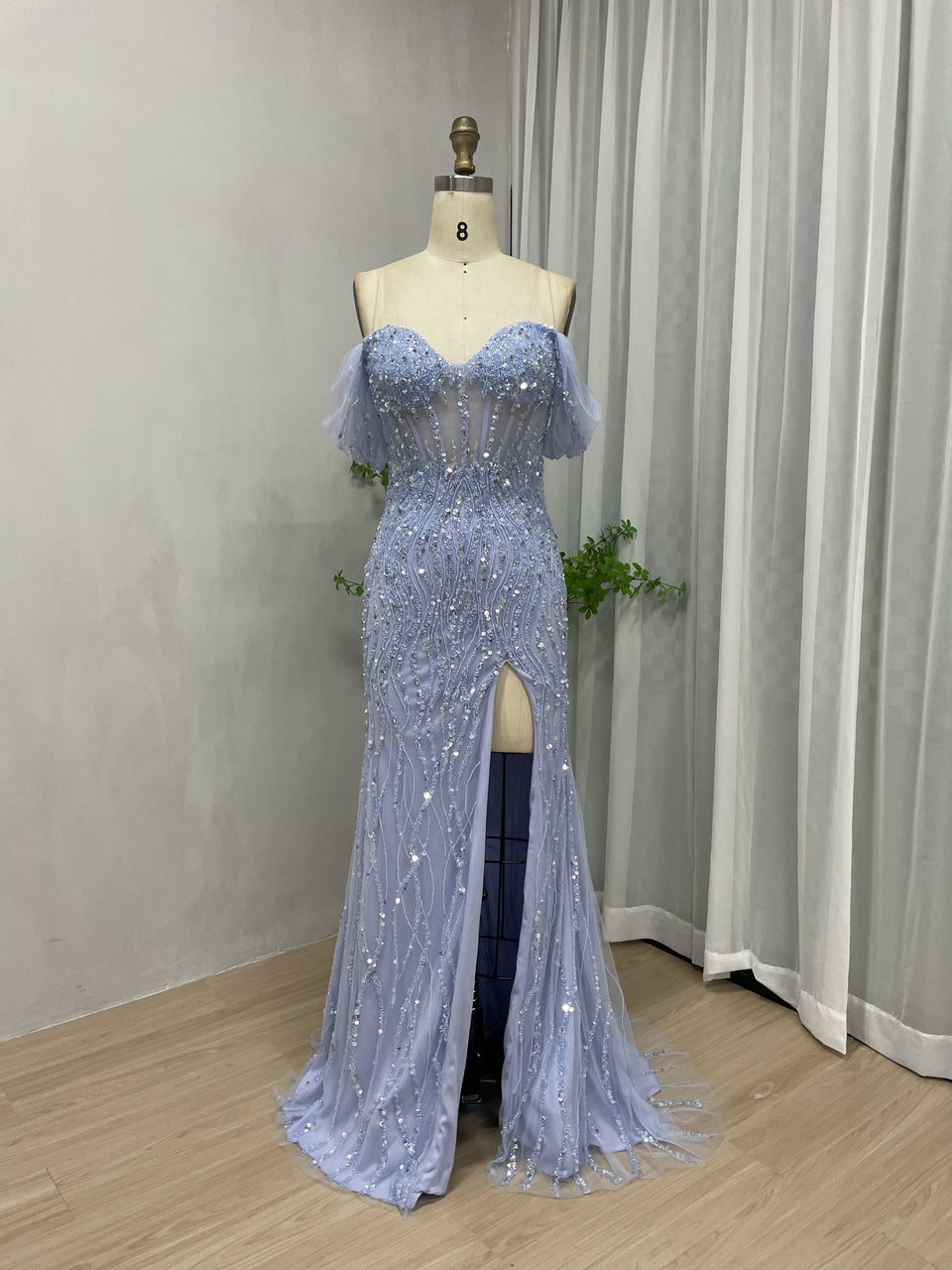 Off Shoulder Couture Beading High Split Evening Dress GJE004-3