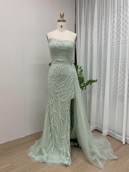 Beautiful Strapless Couture Beading Body Fitted Mint Evening Dress With Slit GJE008B