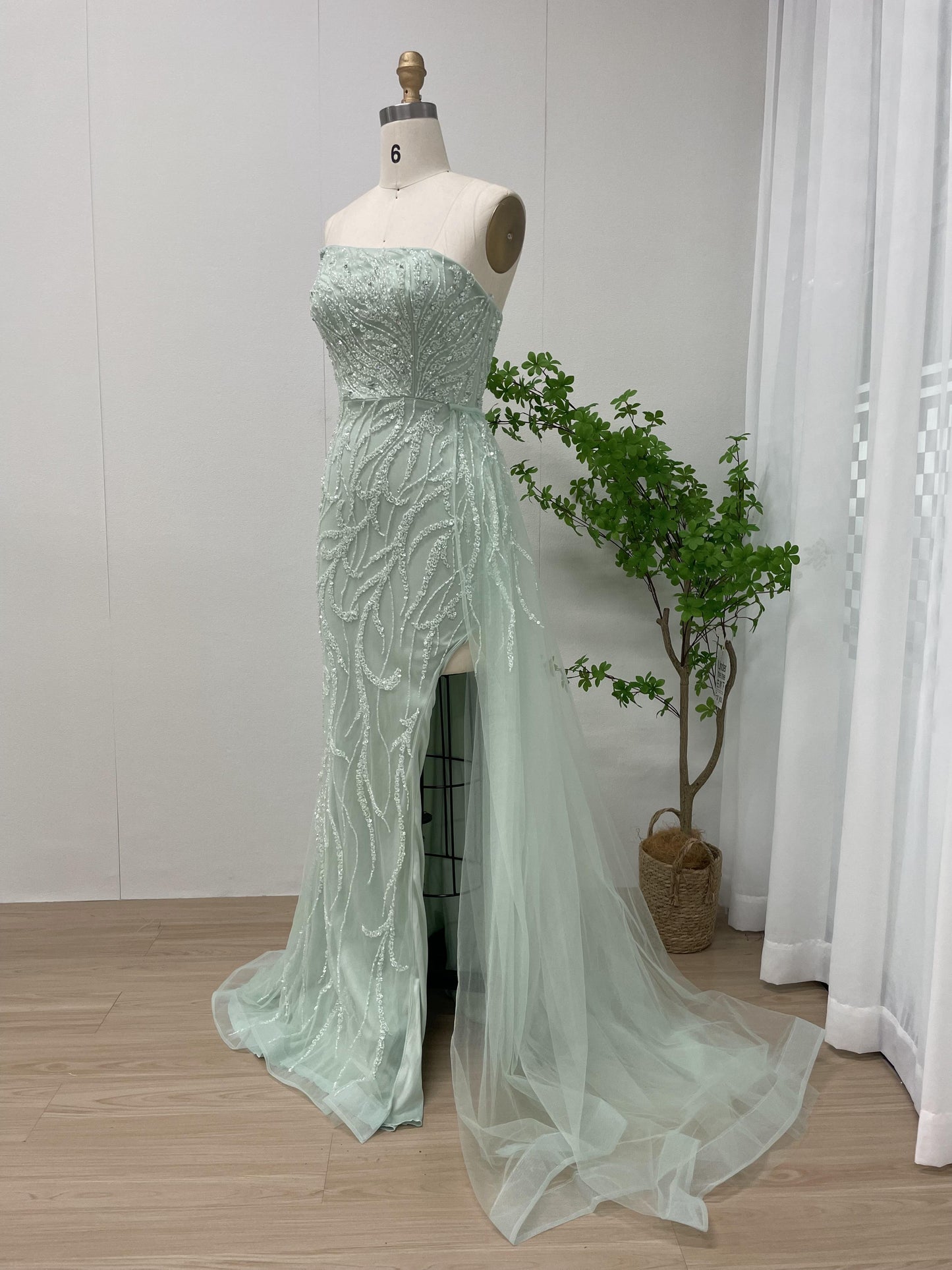 Beautiful Strapless Couture Beading Body Fitted Mint Evening Dress With Slit GJE008B