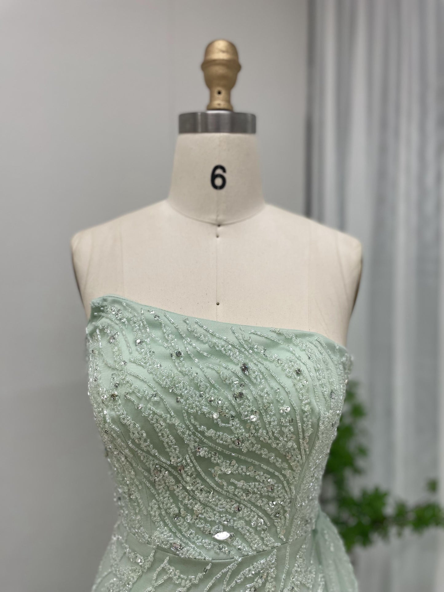 Beautiful Strapless Couture Beading Body Fitted Mint Evening Dress With Slit GJE008B