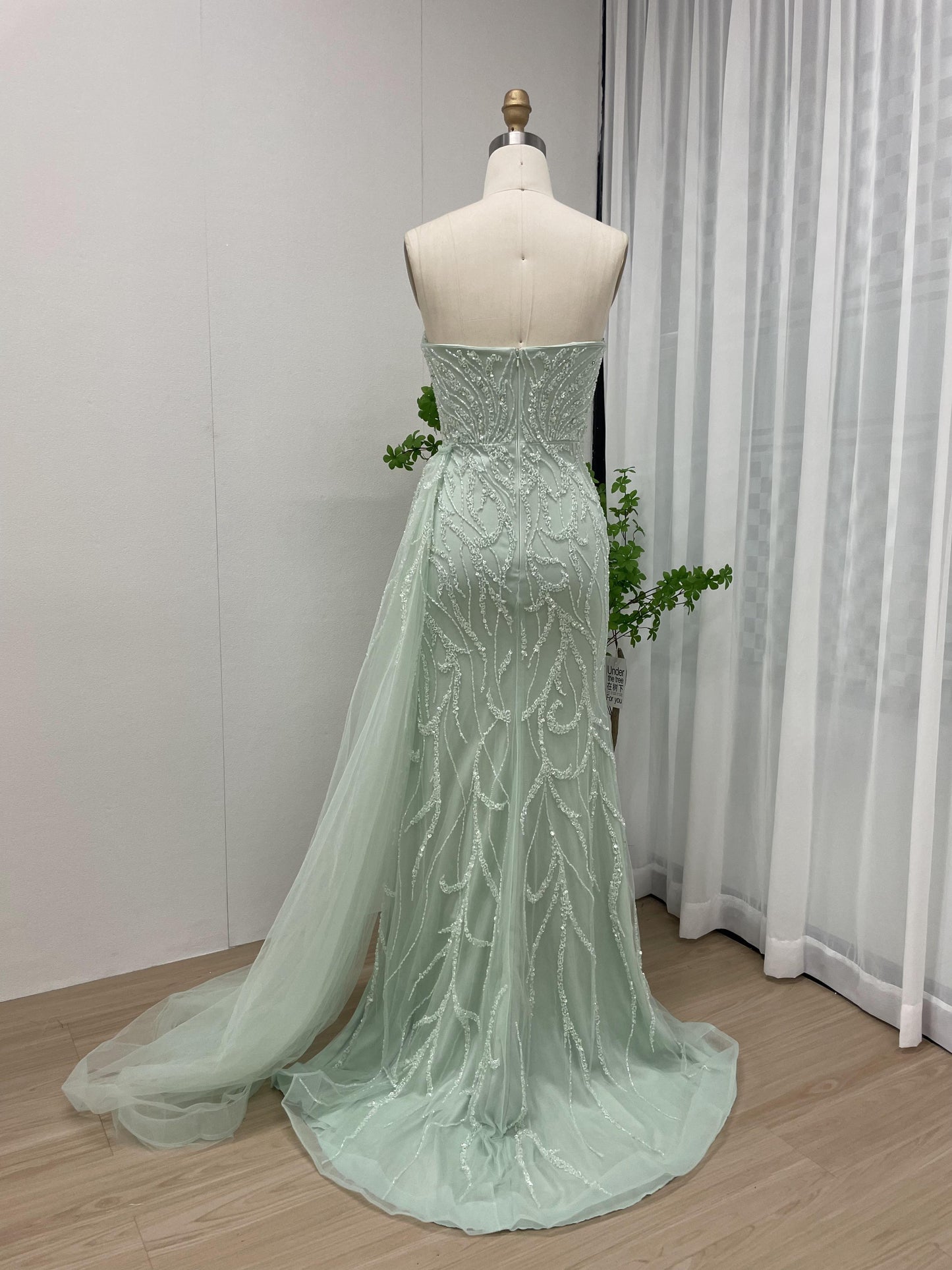 Beautiful Strapless Couture Beading Body Fitted Mint Evening Dress With Slit GJE008B