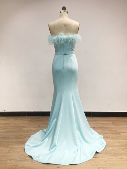 Chic Strapless Feather Neckline Bodycon Mint Prom Dress GMA005