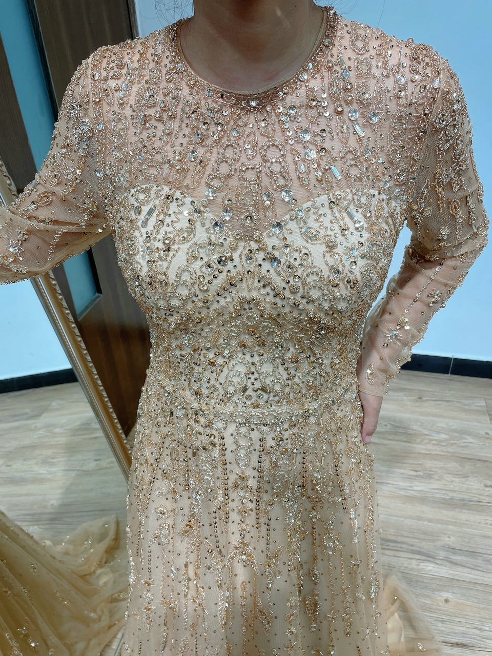 Round Neck Long Sleeve Handmade Beading A Line Evening Dress IRA277B