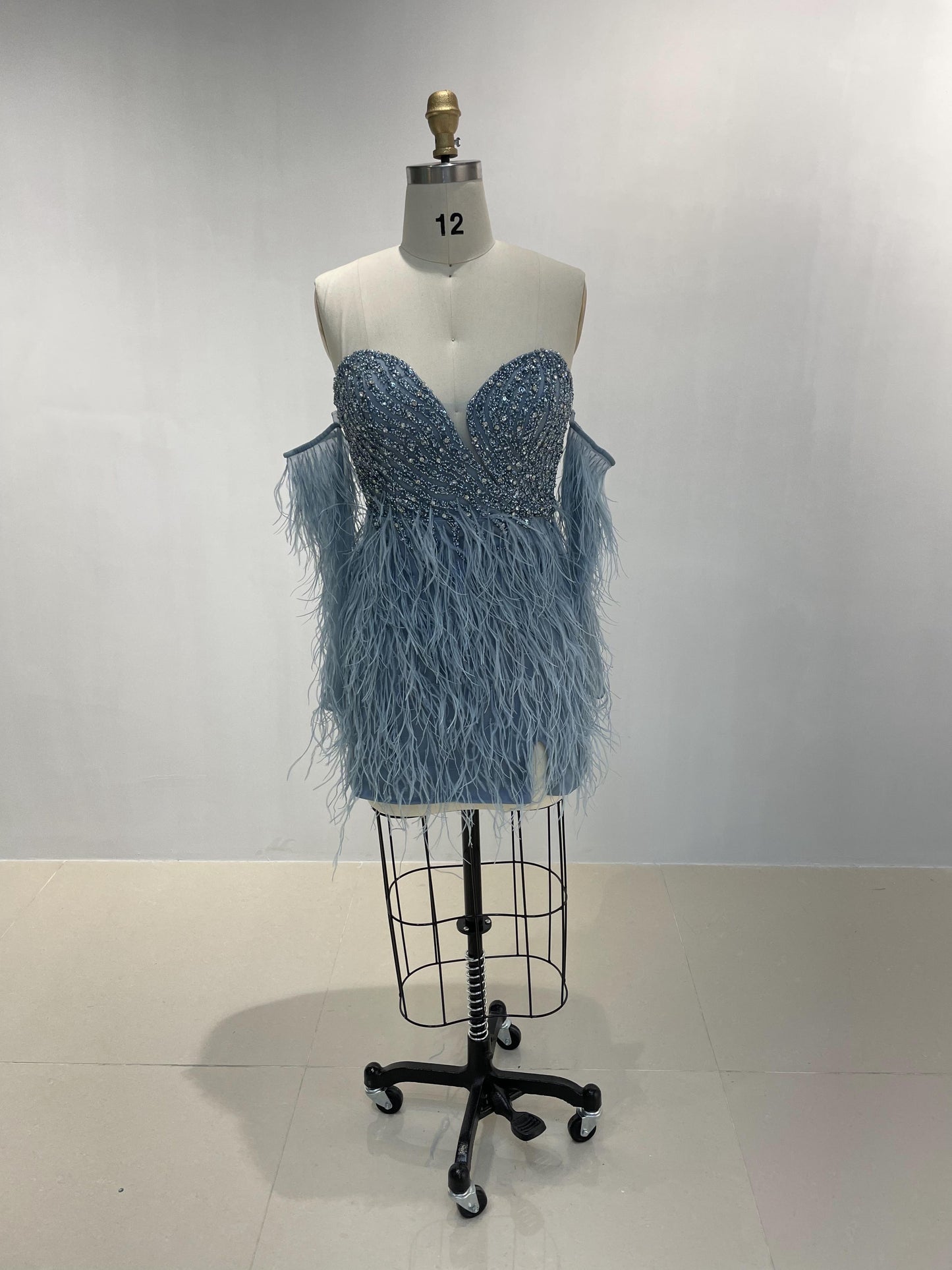 Strapless Couture Beading Feather Long Sleeve Short Dress MB20019