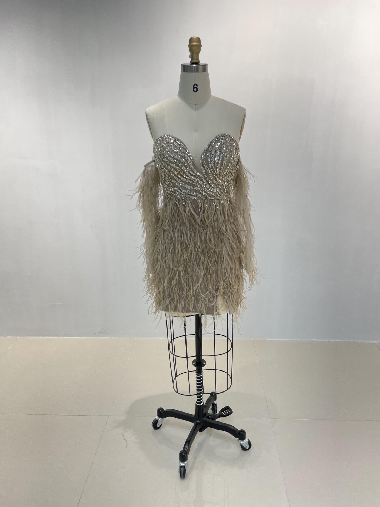 Strapless Couture Beading Feather Long Sleeve Short Dress MB20019