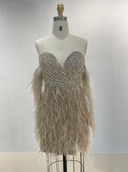 Strapless Couture Beading Feather Long Sleeve Short Dress MB20019