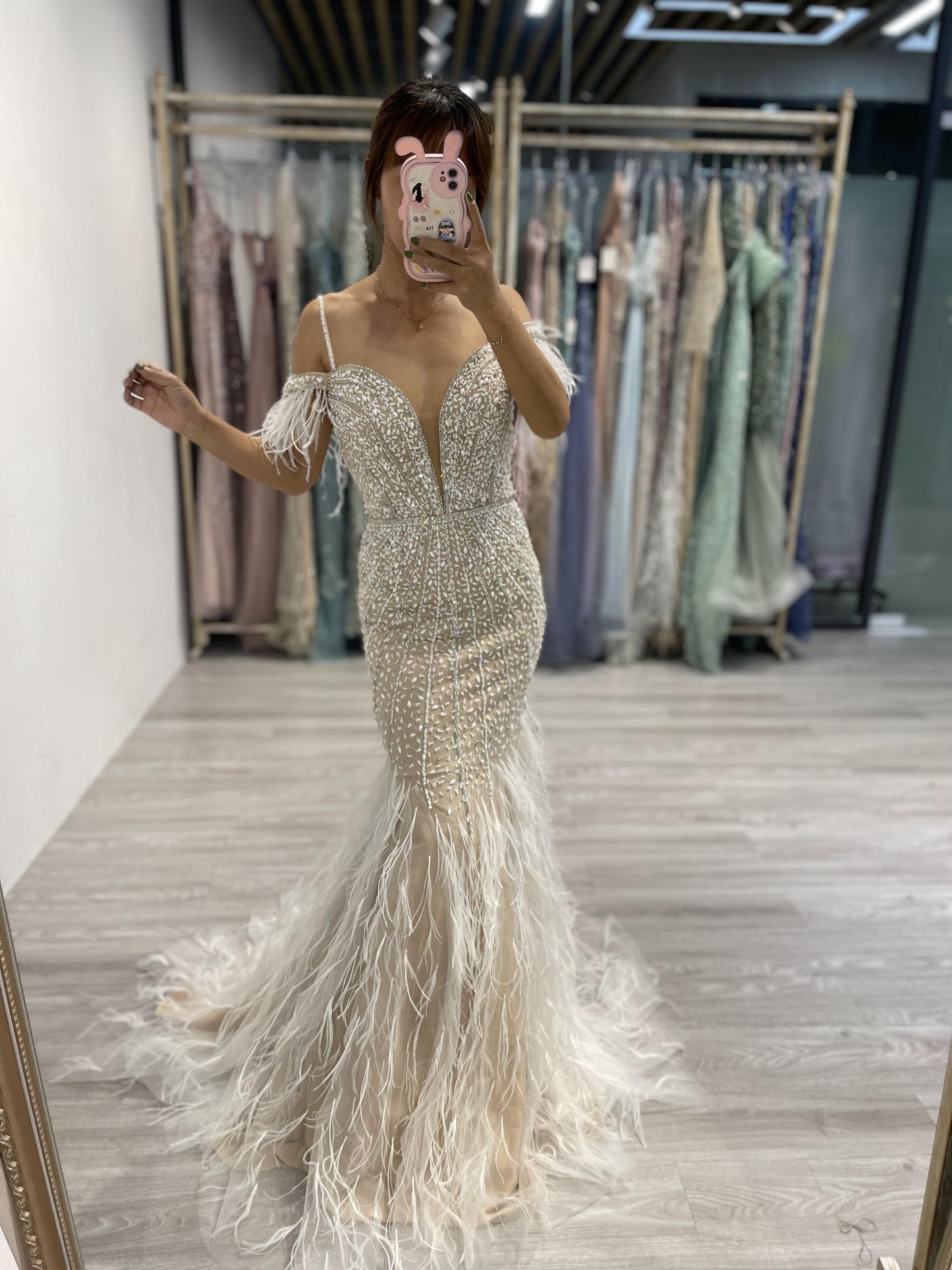 Luxury Off Shoulder Beading Feather Mermaid Evening Dress MB20021