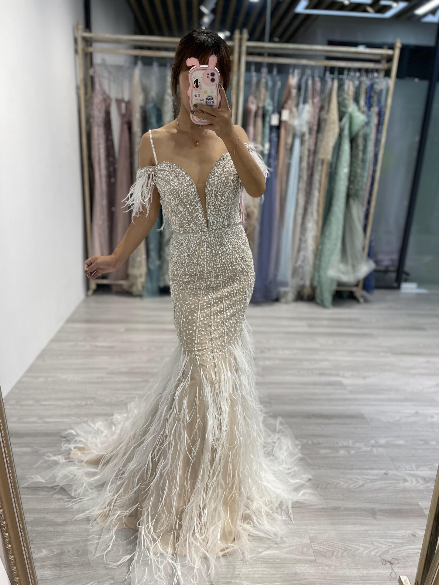 Luxury Off Shoulder Beading Feather Mermaid Evening Dress MB20021