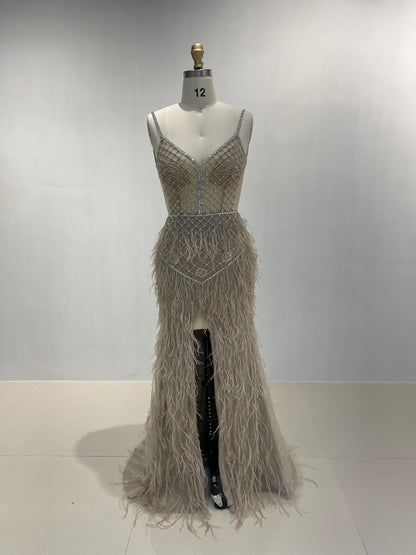 Sexy Backless Beading Feather Skirt Evening Dress MB20022