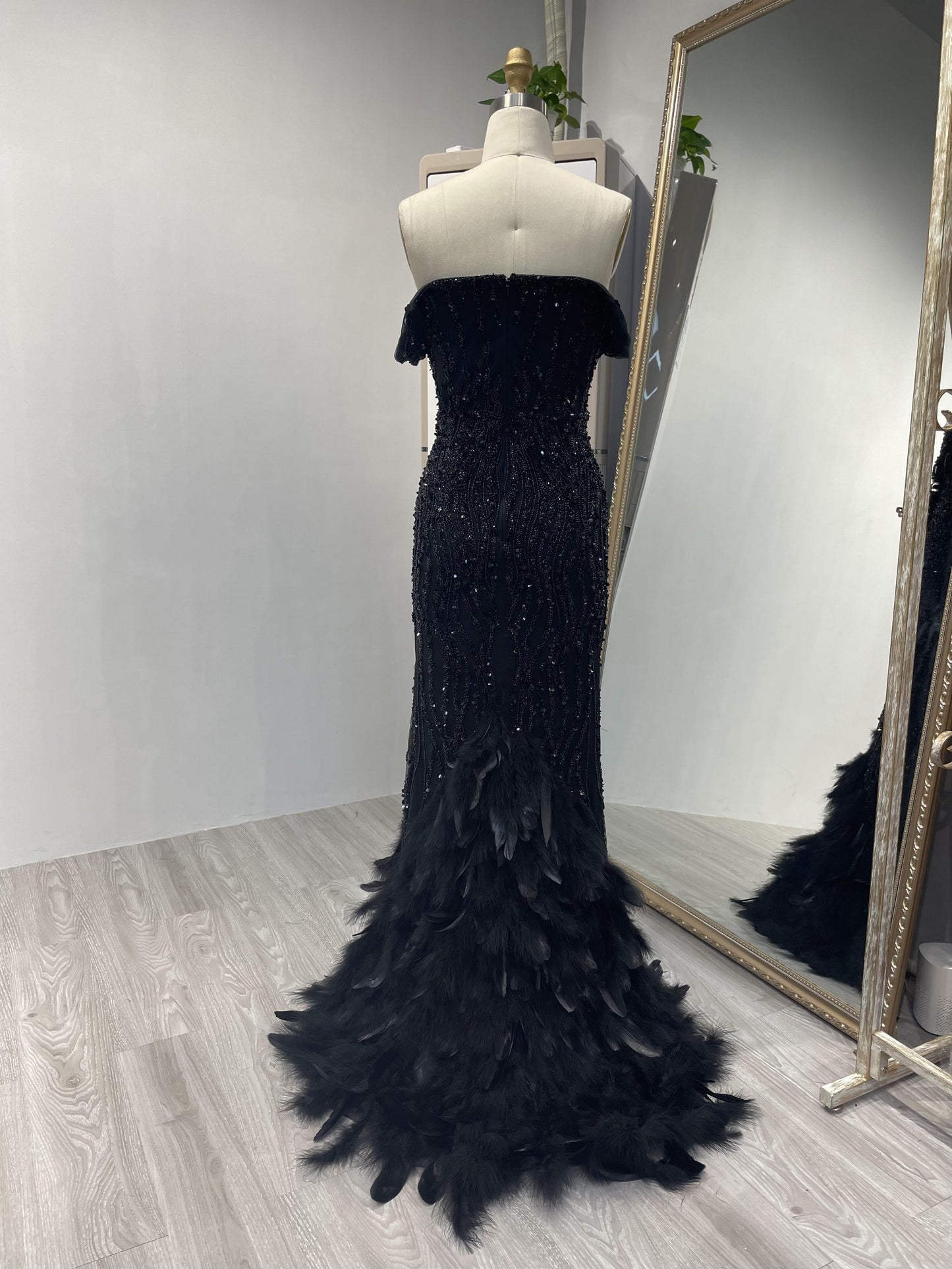 Off Shoulder Haute Couture Beading Feather Evening Dress MB40001